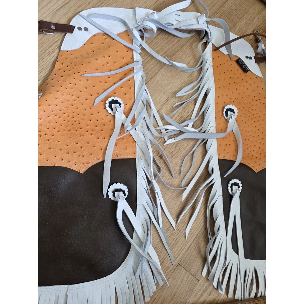 Saddle Barn Youth Leather Western Chinks Chaps Orange Ostrich Brown White Med/LG